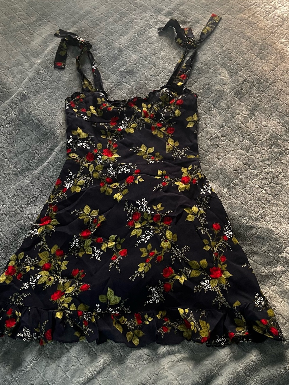 Reformation Black Floral Mini Dress with Red and Green Accents